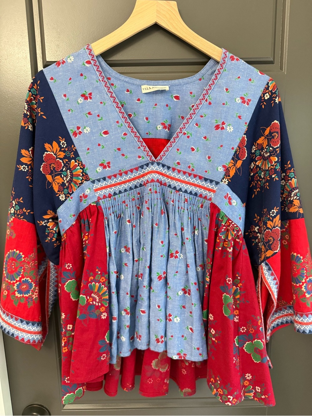 Ulla Johnson Chambray Blue Floral Peasant Top with Red Accents